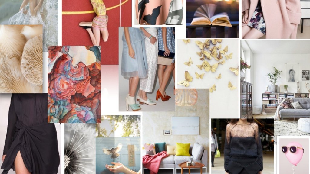 Visuell mood board som viser elementer av motemerkeidentitet
